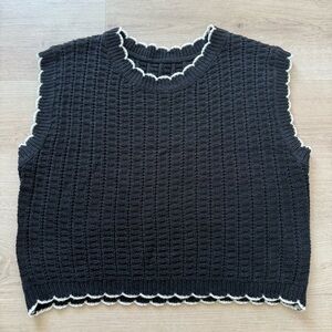 Black Sleeveless Knit Vest Top with Scalloped White Trim